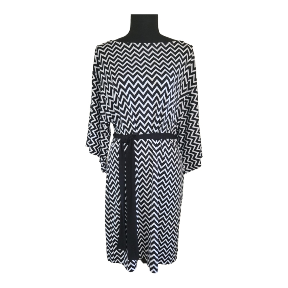 BEIGE chevron print shift sheath dress black white size medium